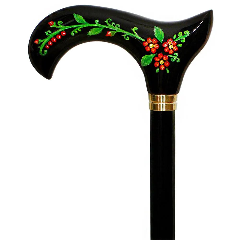 Exquisite Handpainted Flowers on Elegant Black Derby Wood Cane