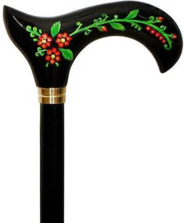 Exquisite Handpainted Flowers on Elegant Black Derby Wood Cane