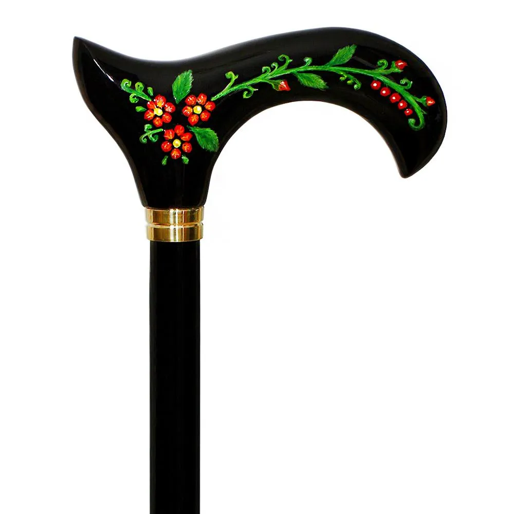 Exquisite Handpainted Flowers on Elegant Black Derby Wood Cane