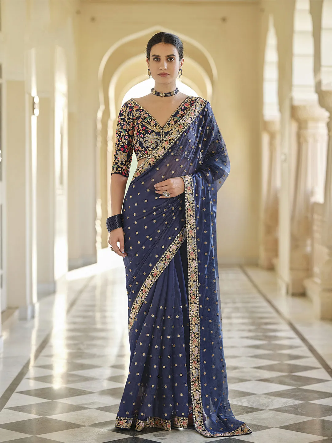 Exquisite Navy Blue Organza Saree With Jari & Thread Work