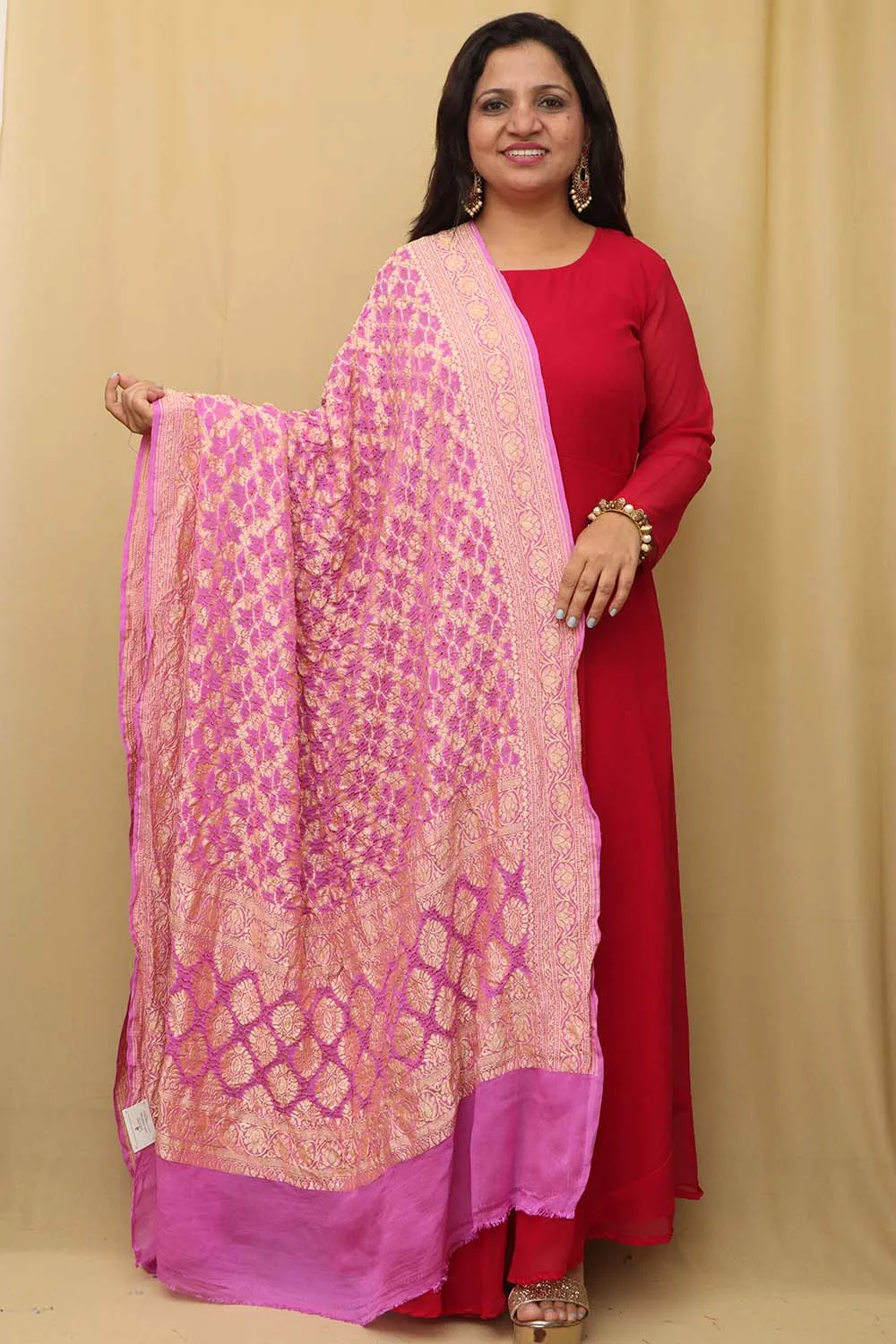 Exquisite Pink Banarasi Bandhani Pure Georgette Dupatta