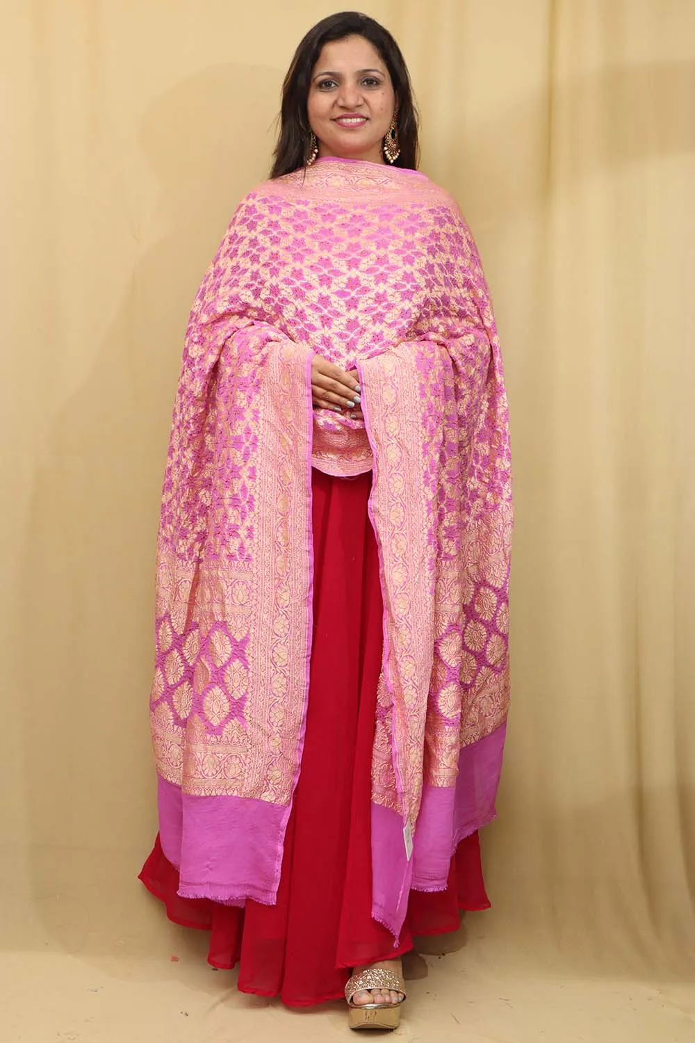 Exquisite Pink Banarasi Bandhani Pure Georgette Dupatta