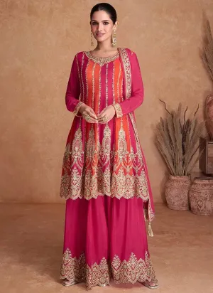 Exquisite Pink-Orange Embroidered Chinon Palazzo Suit