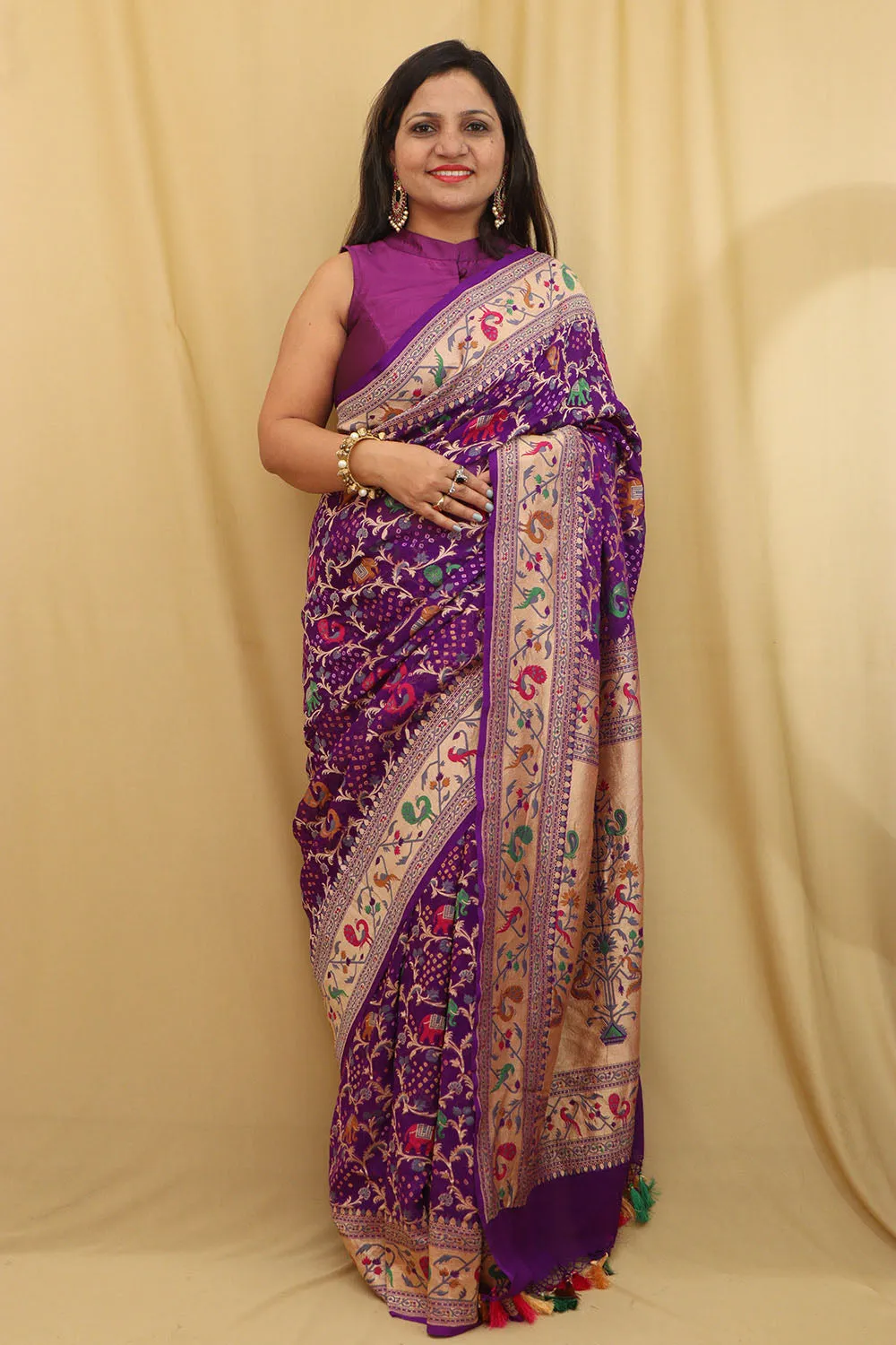 Exquisite Purple Banarasi Bandhani Georgette Saree