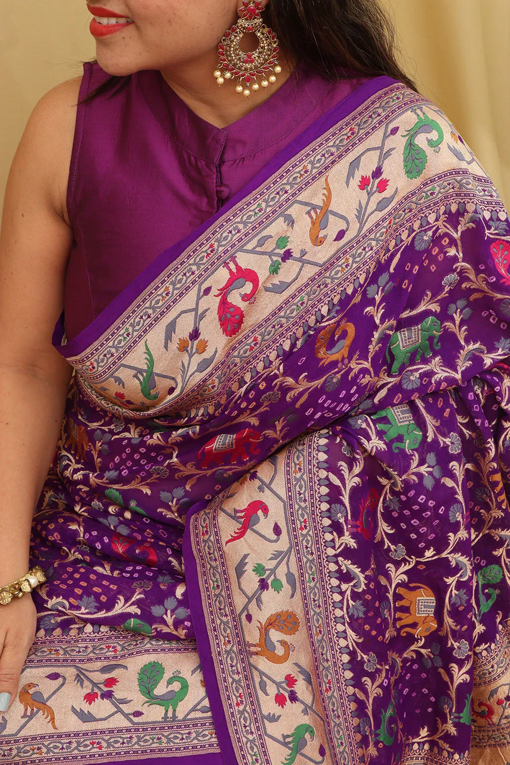 Exquisite Purple Banarasi Bandhani Georgette Saree