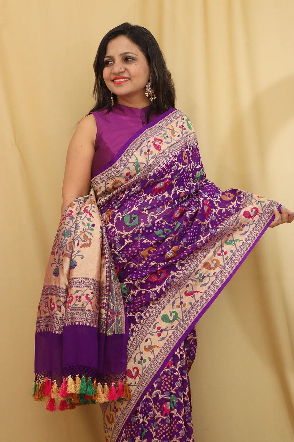 Exquisite Purple Banarasi Bandhani Georgette Saree