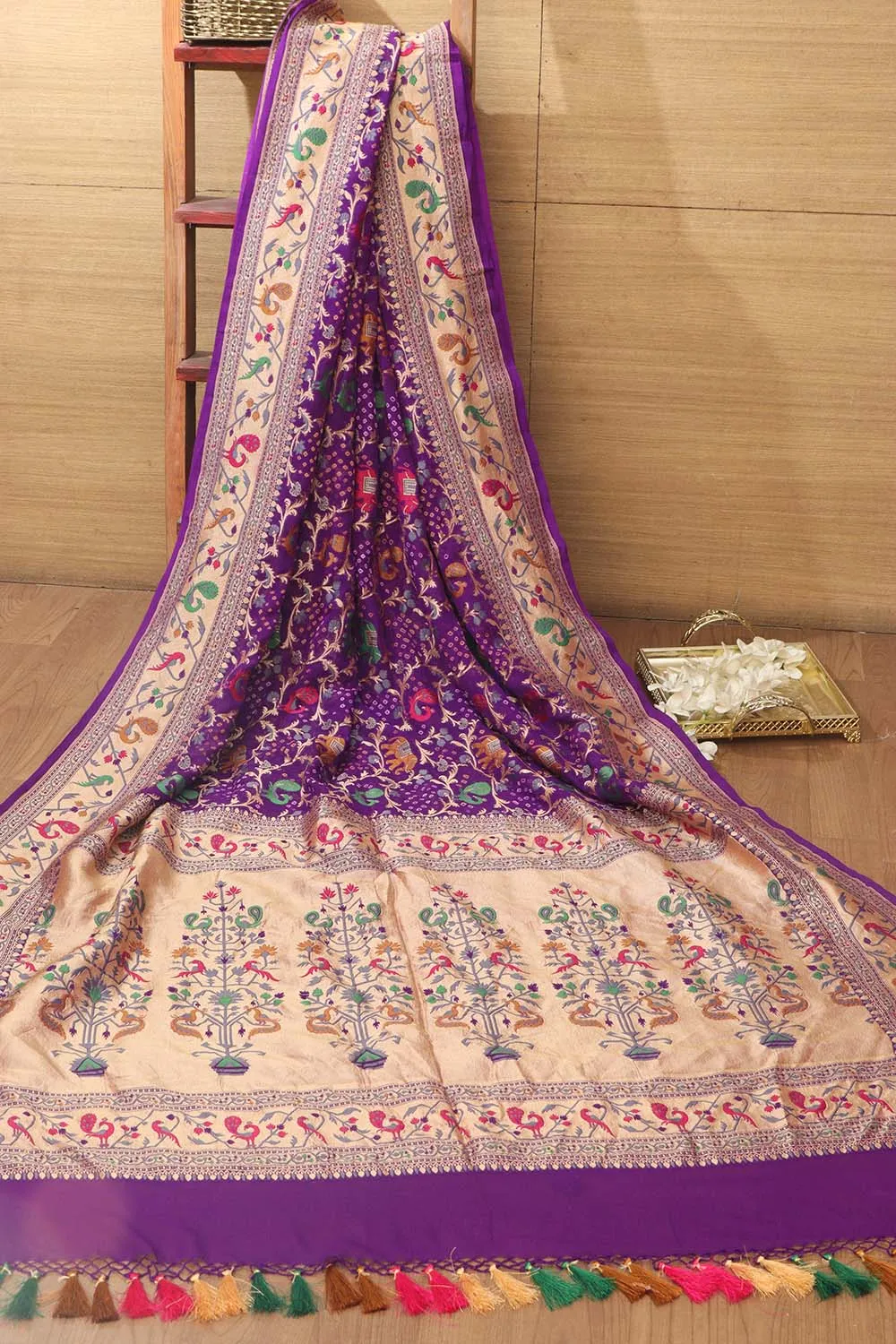 Exquisite Purple Banarasi Bandhani Georgette Saree