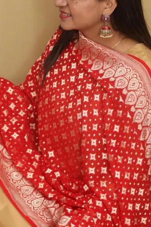 Exquisite Red Banarasi Handloom Pure Georgette Dupatta