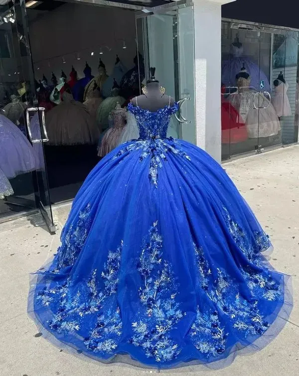 Exquisite Spaghetti Straps Royal Blue Ball Gown with Appliques