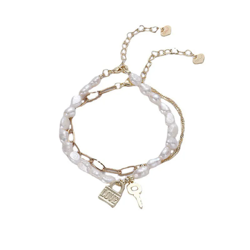 Exquisite Sterling Silver Pearl Double Key Lock Bracelet