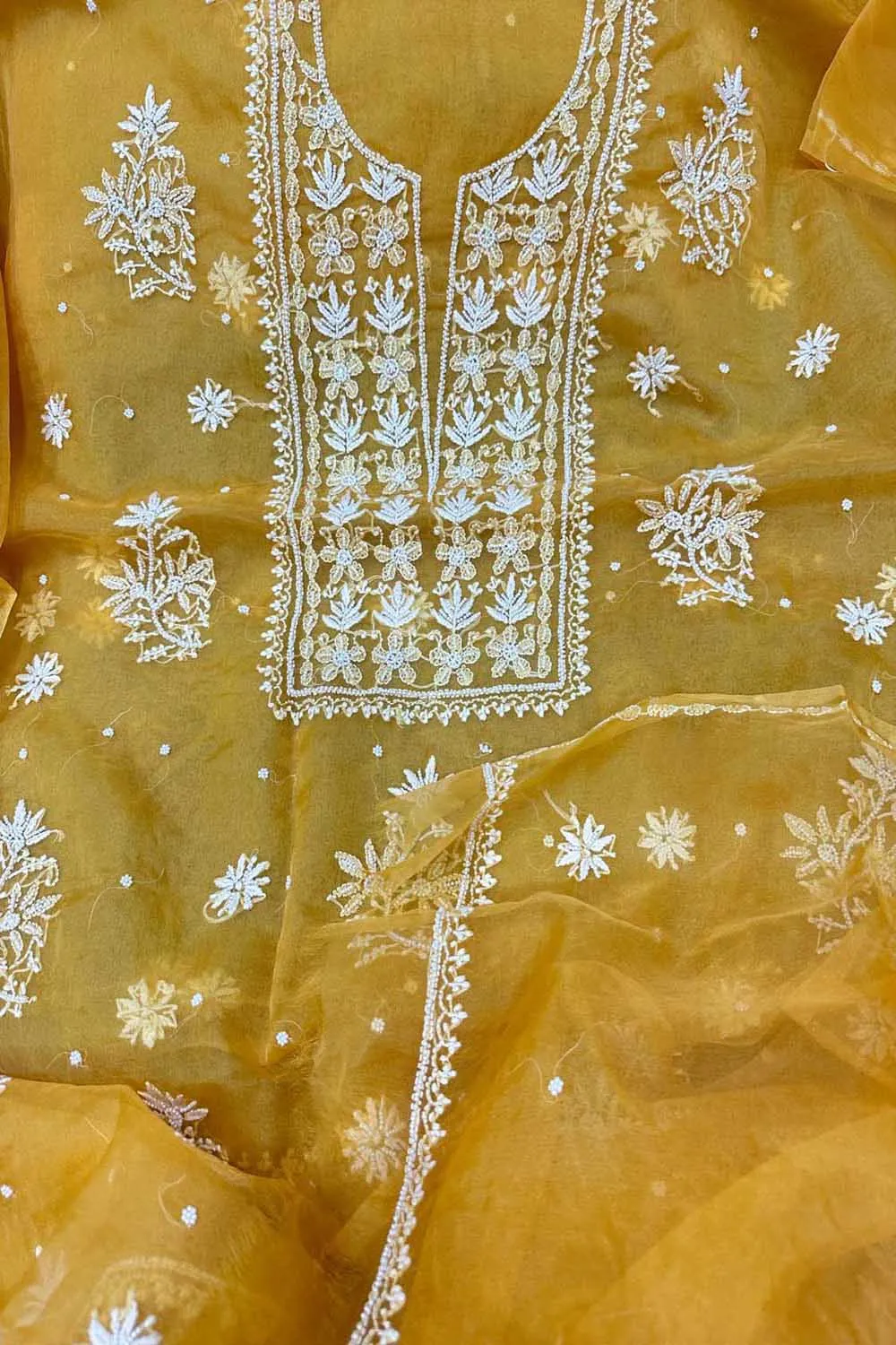 Exquisite Yellow Chikankari Organza Suit: Hand Embroidered Elegance