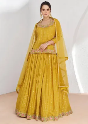 Exquisite Yellow Chinon Embroidered Lehenga Choli