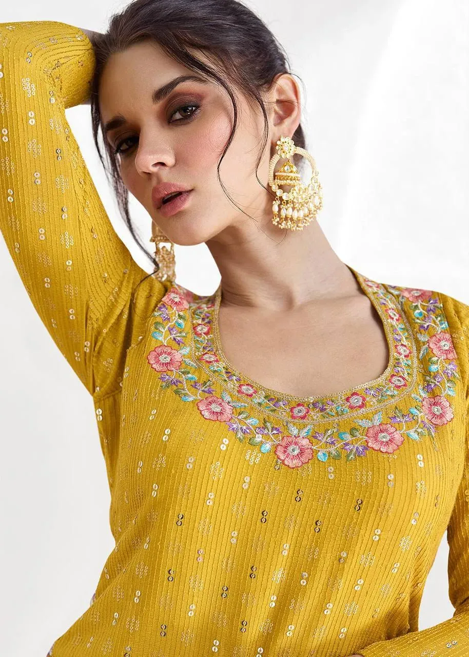 Exquisite Yellow Chinon Embroidered Lehenga Choli