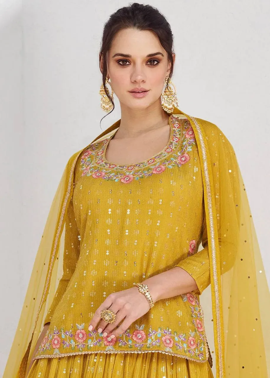 Exquisite Yellow Chinon Embroidered Lehenga Choli