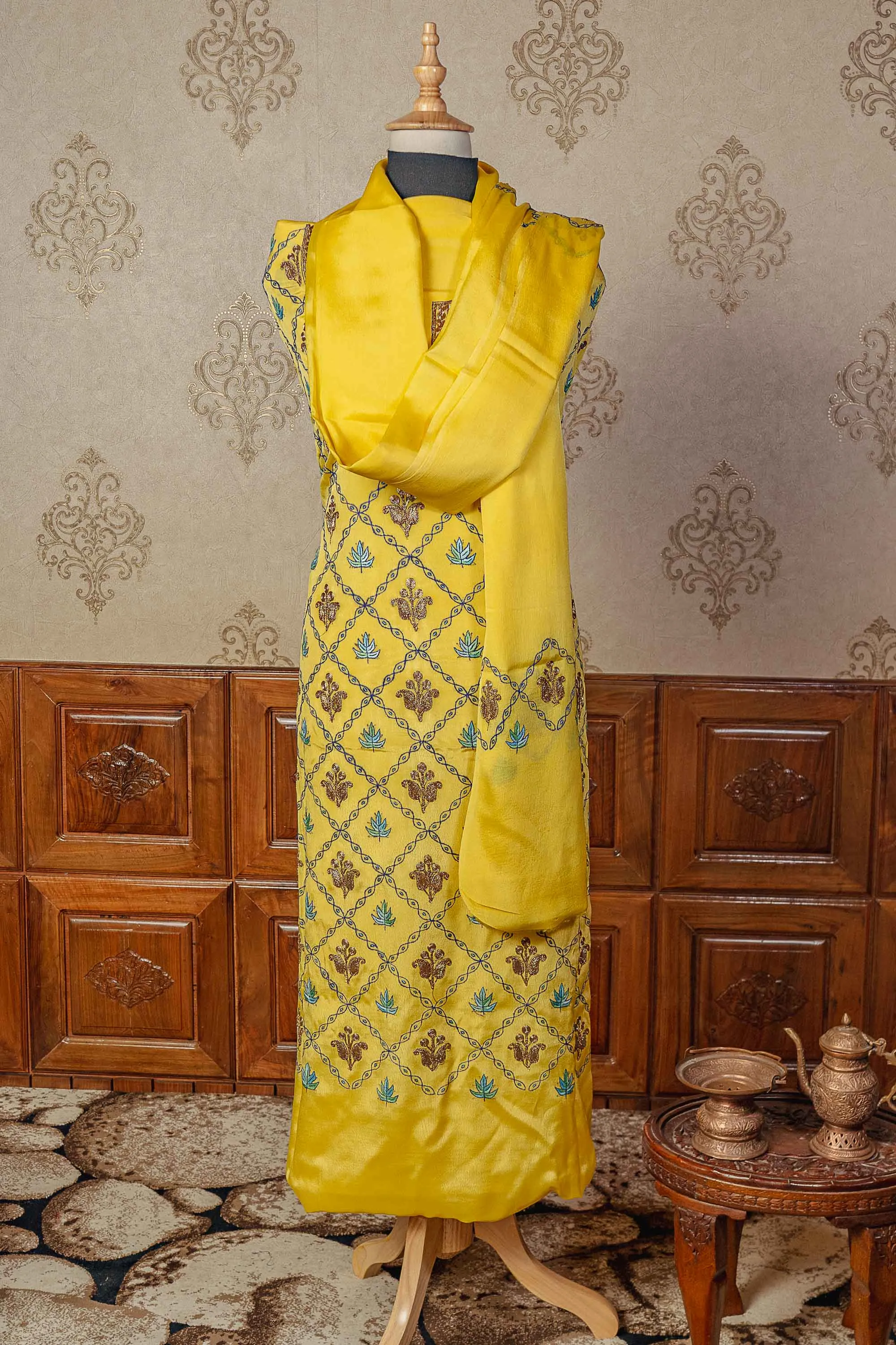 Exquisite Yellow Kashmiri Suit with Tilla & Sozni Embroidery