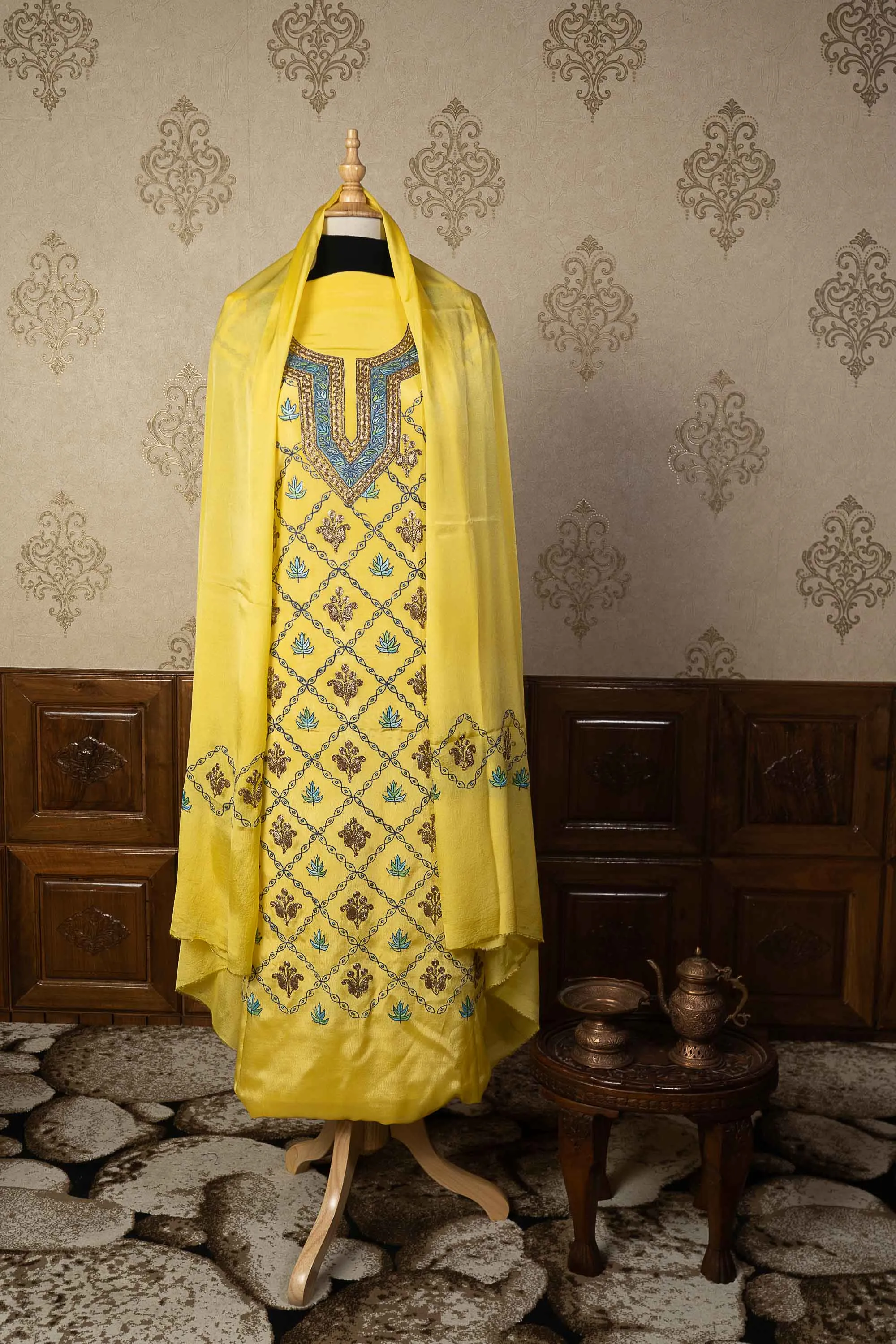 Exquisite Yellow Kashmiri Suit with Tilla & Sozni Embroidery