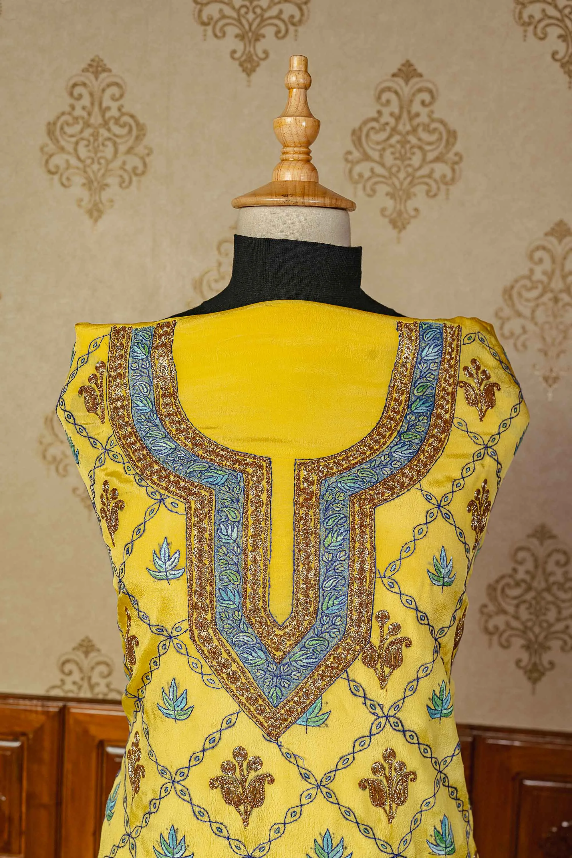 Exquisite Yellow Kashmiri Suit with Tilla & Sozni Embroidery