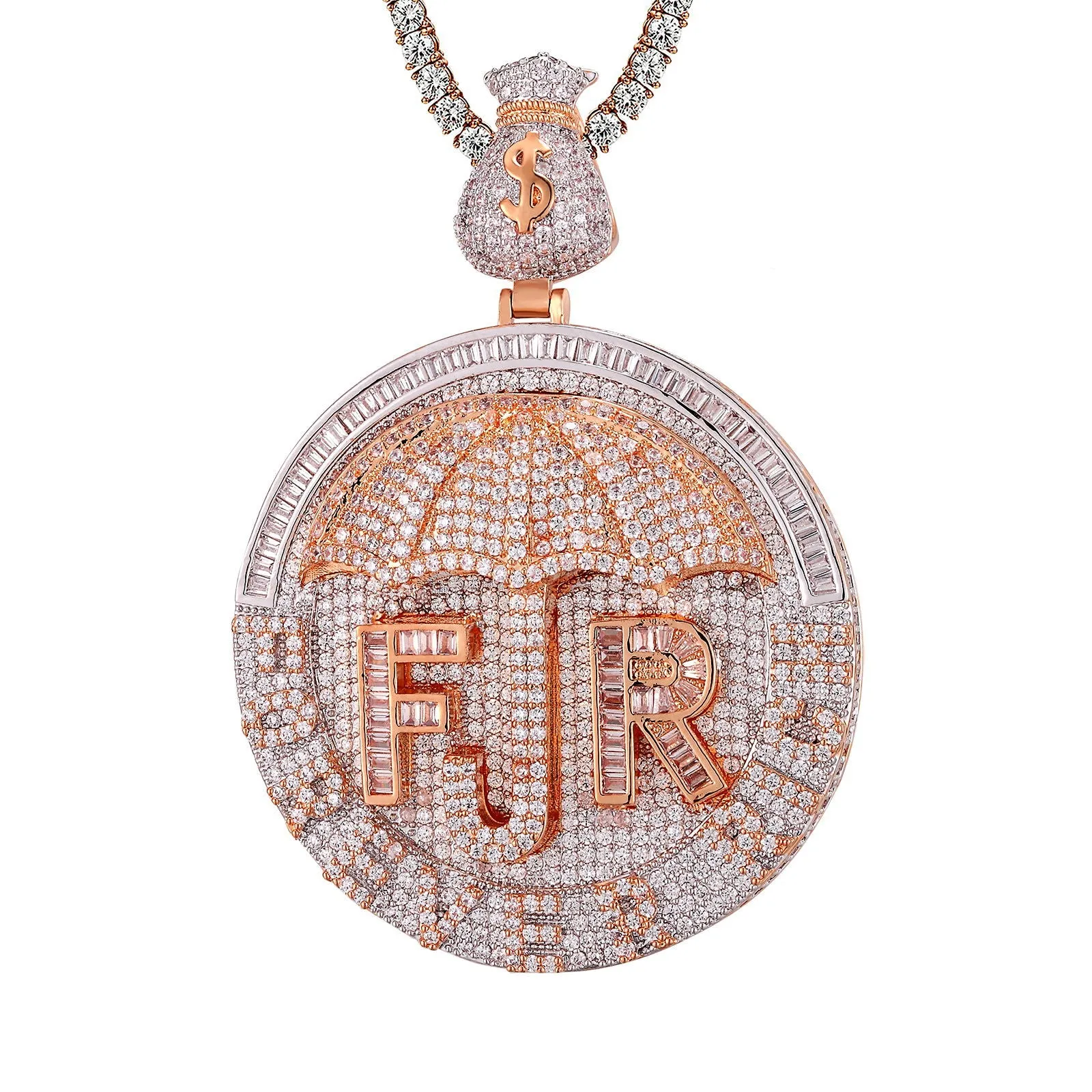 Forever Rich Baguette Circle Money Bag Rose Gold Pendant