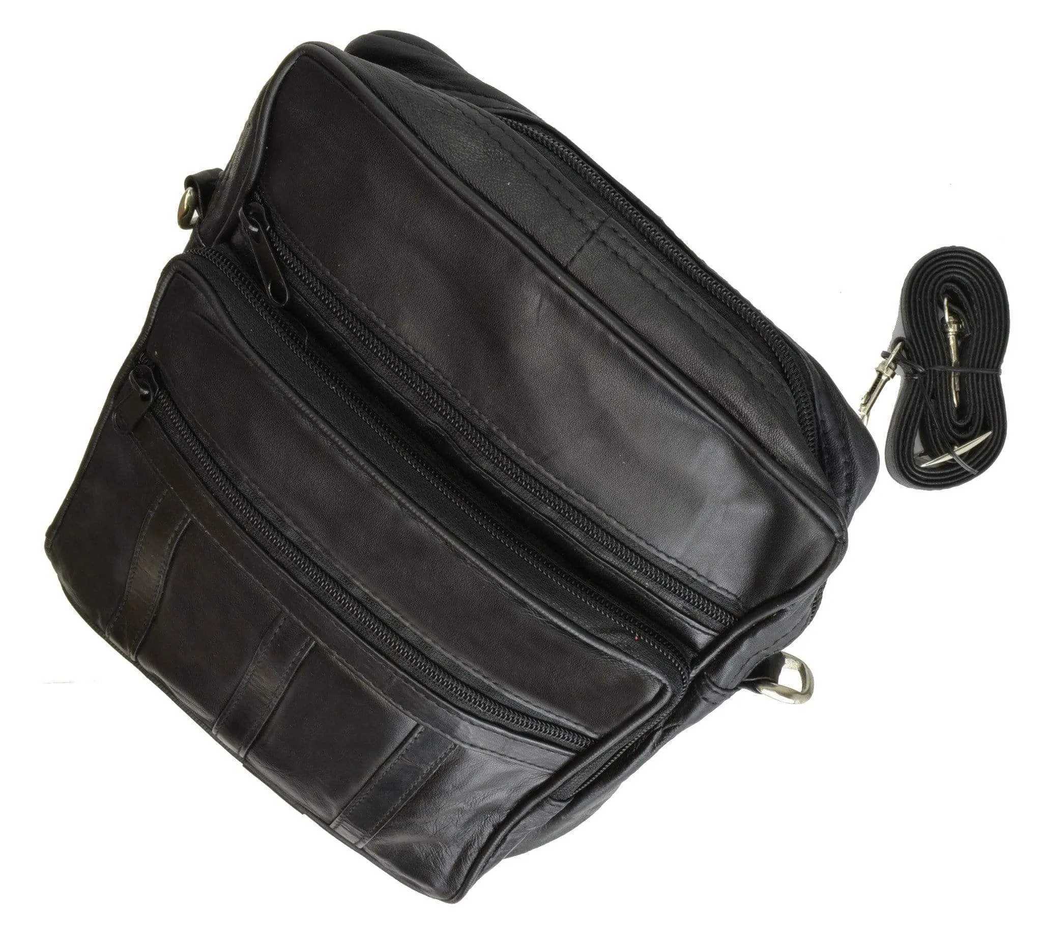 Genuine Leather Mens Pouch Multiple Zipper Pockets w/Strap 109 (C)