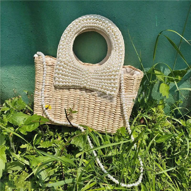 Handmade Summer Beach Braided Bow Pearl Straw Bag