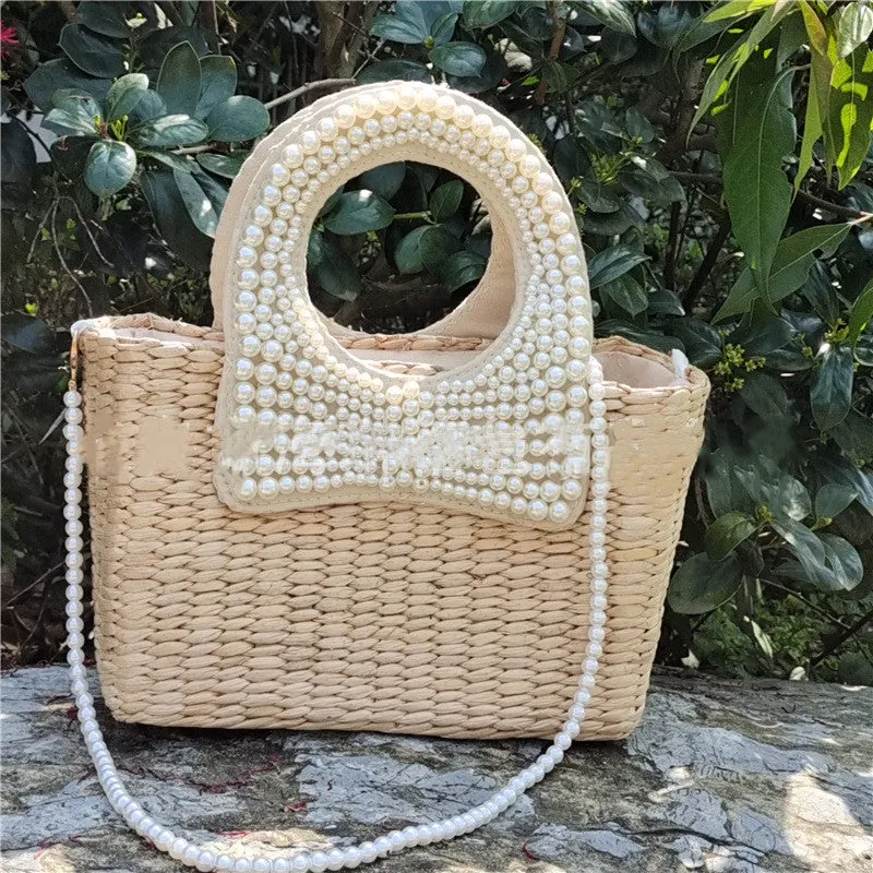 Handmade Summer Beach Braided Bow Pearl Straw Bag