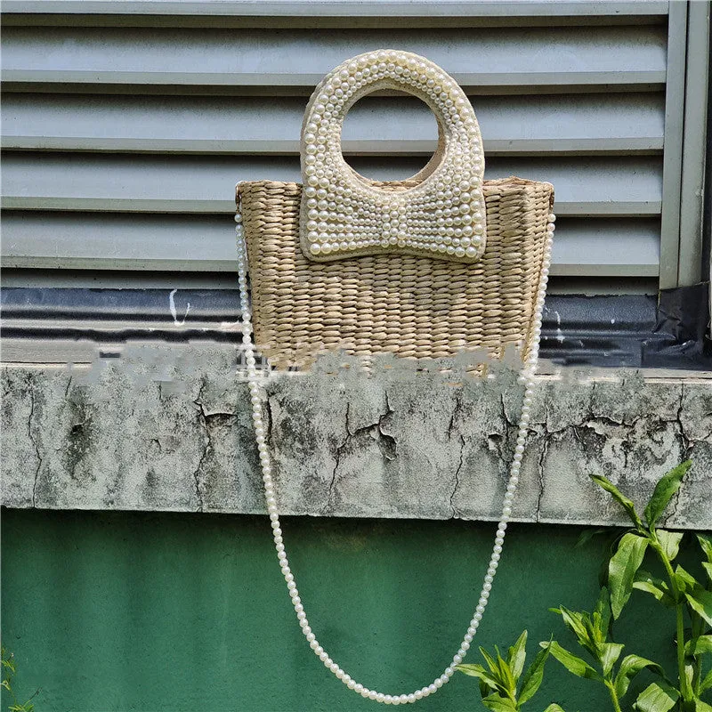 Handmade Summer Beach Braided Bow Pearl Straw Bag