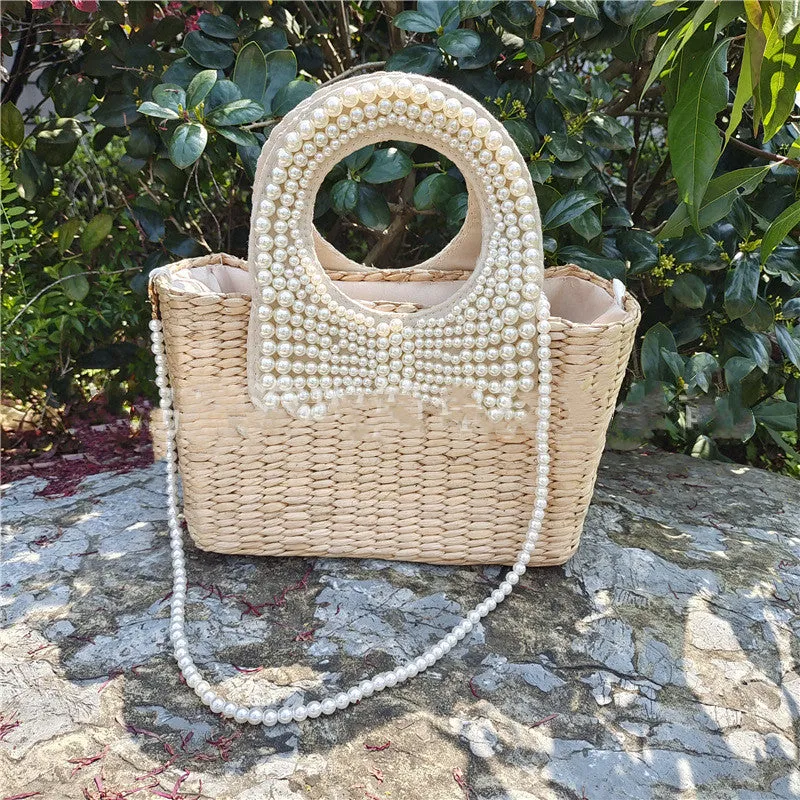 Handmade Summer Beach Braided Bow Pearl Straw Bag