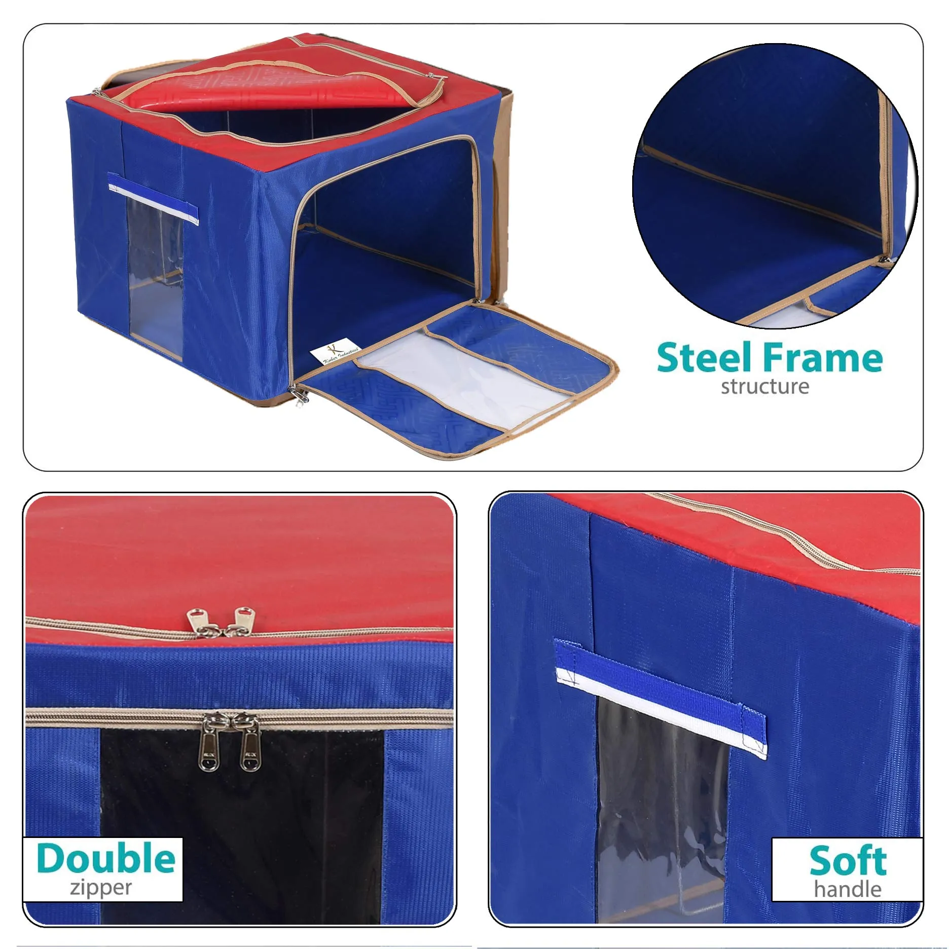 Heart Home Large Clear Window Storage Bins Foldable Fabric Storage Bins Boxes for Clothes - Stackable Container Organizer Set with Carrying Handles(Blue & Red)-HEART12257, standard