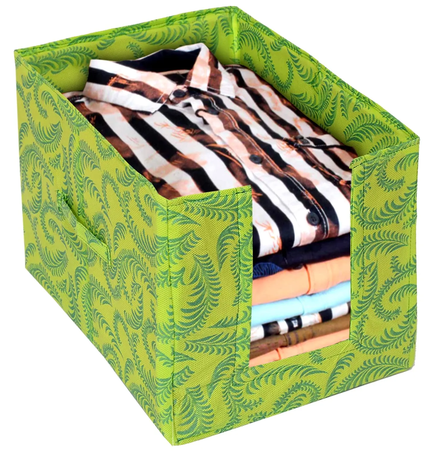 Heart Home Leaf Printed Multiuses Non-Woven Closet Organizer With Handles (Green) -HS43HEARTH26467