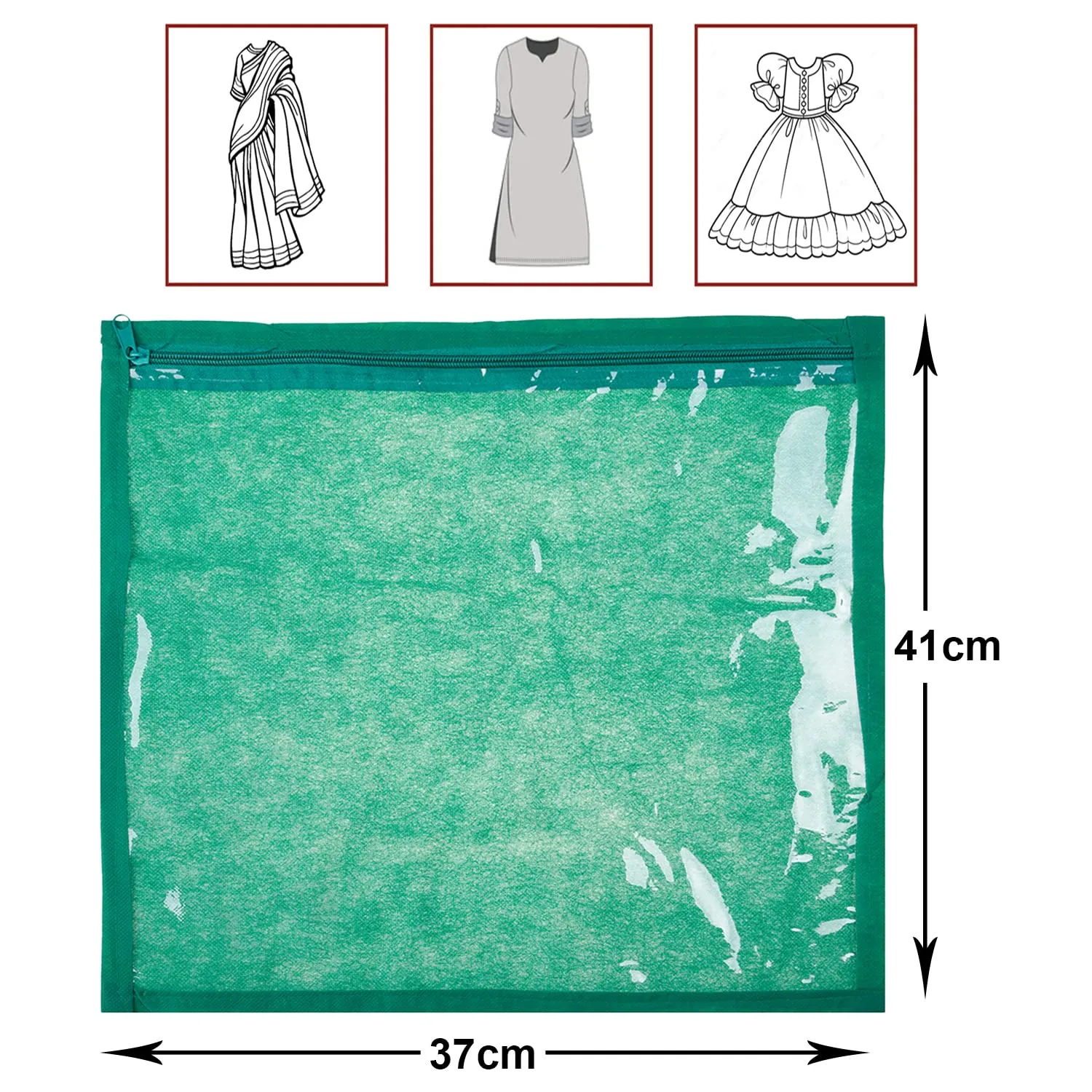 Heart Home Single Packing Saree Cover | Non-Woven Foldable Wardrobe Organizer | Clothes Storage Bag with Top Transparent | Pack of 12 | Green