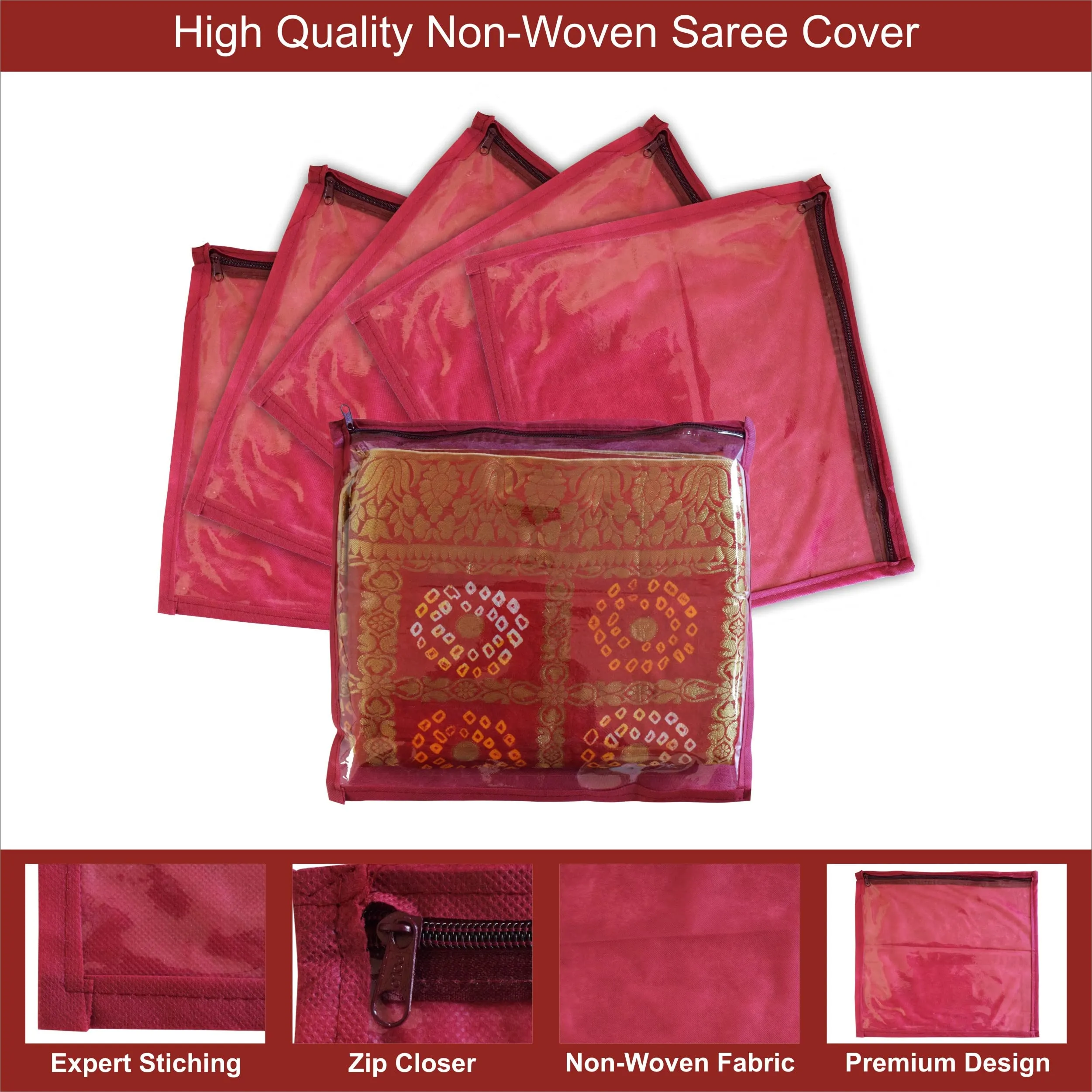 Homestic Foldable Single saree covers with Zip|Saree Storage Bags|Clothes Organiser for wardrobe Set of 24|Transparent Top With Premium Zipper|Maroon