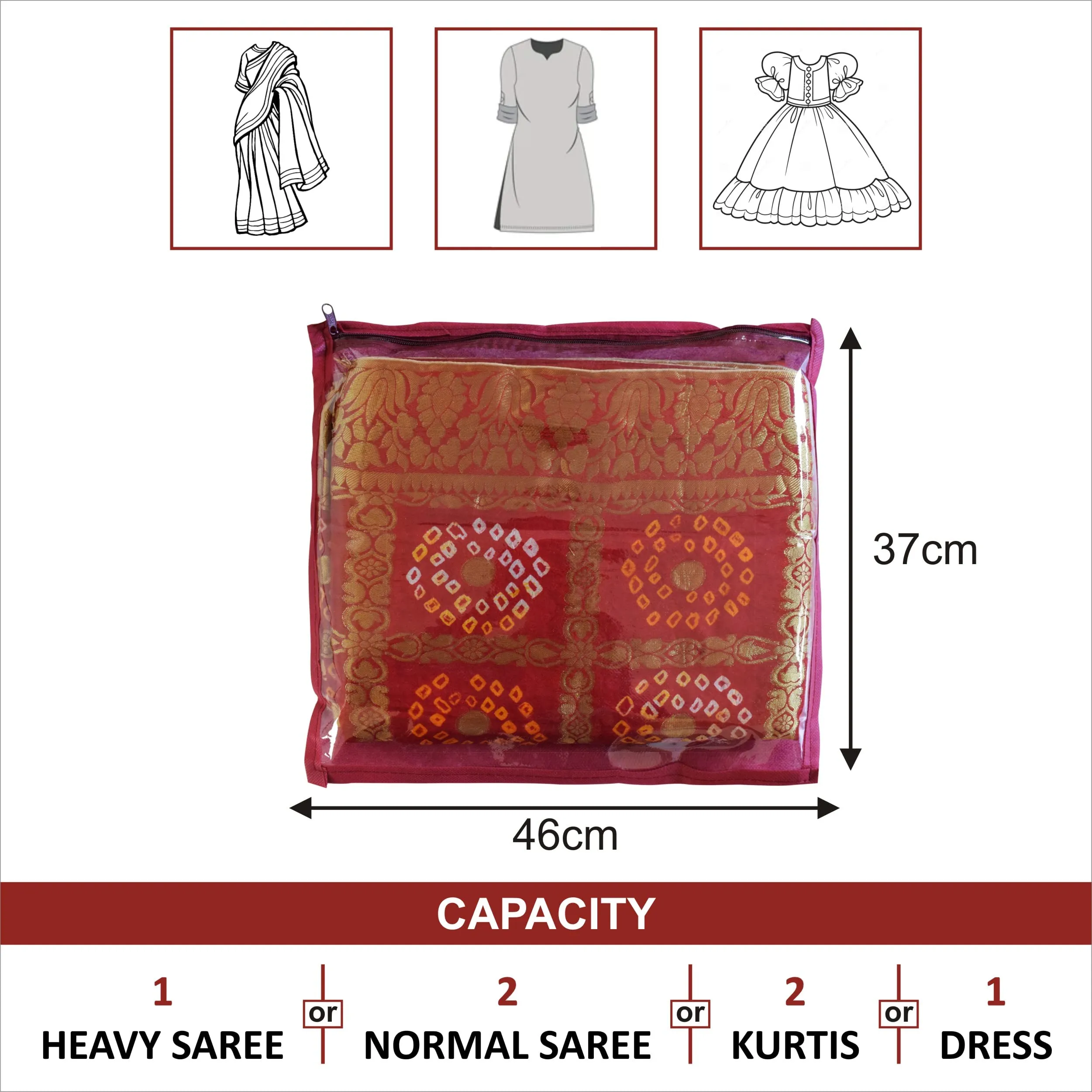 Homestic Foldable Single saree covers with Zip|Saree Storage Bags|Clothes Organiser for wardrobe Set of 24|Transparent Top With Premium Zipper|Maroon