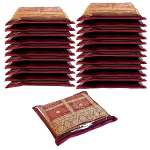 Homestic Foldable Single saree covers with Zip|Saree Storage Bags|Clothes Organiser for wardrobe Set of 24|Transparent Top With Premium Zipper|Maroon