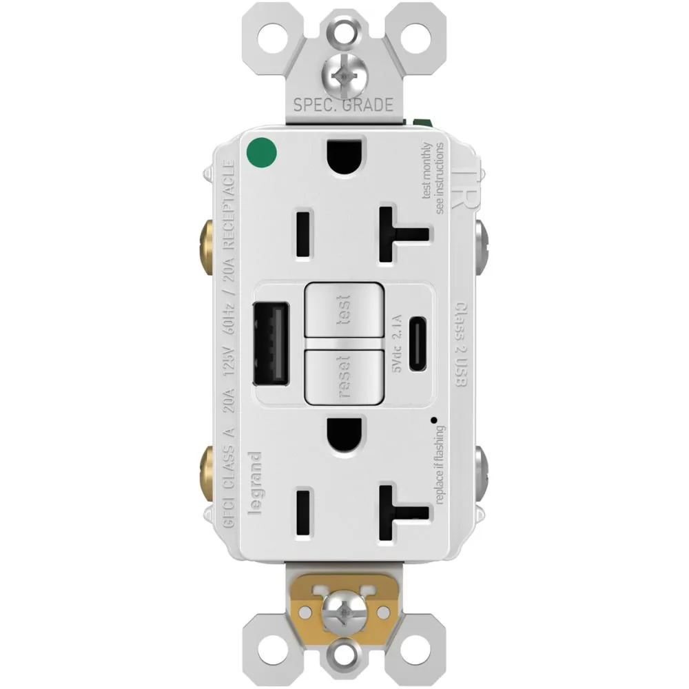 Hospital Grade Tamper-Resistant 20A Self-Test GFCI Receptacle, USB Type A/C, White