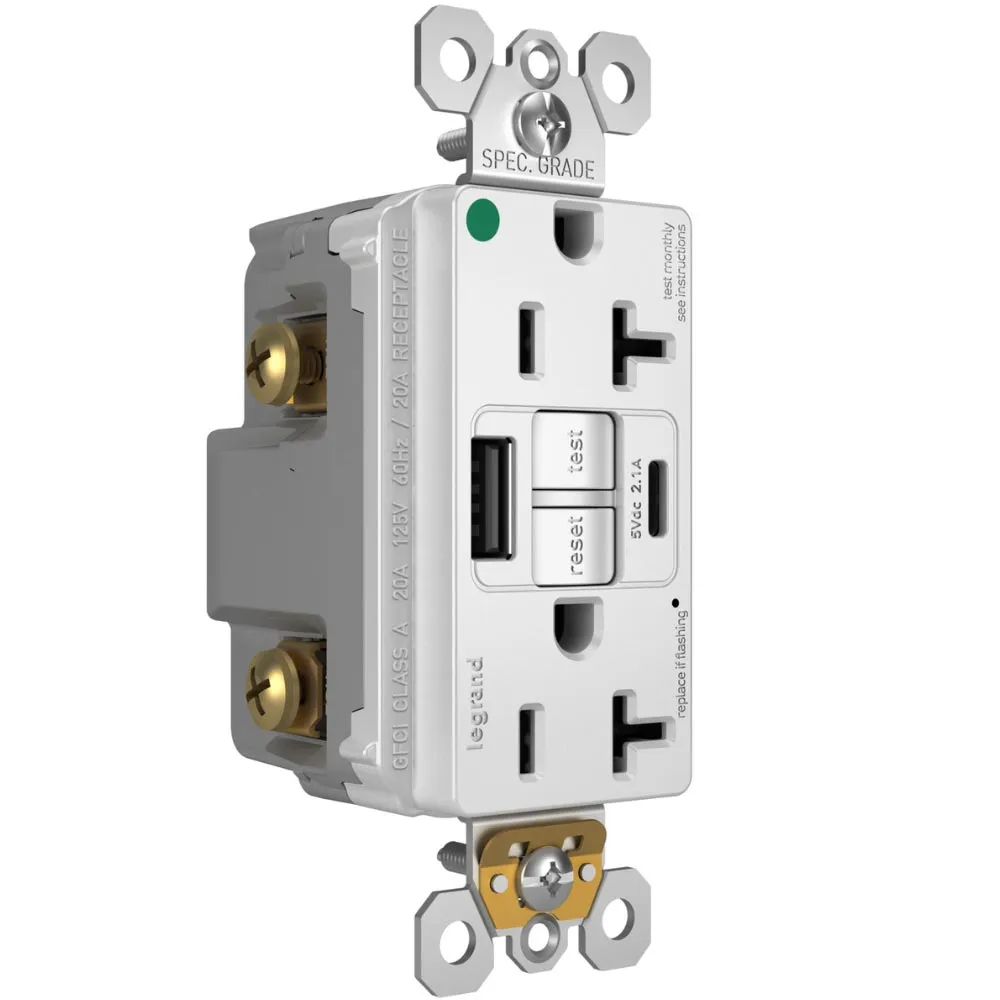 Hospital Grade Tamper-Resistant 20A Self-Test GFCI Receptacle, USB Type A/C, White