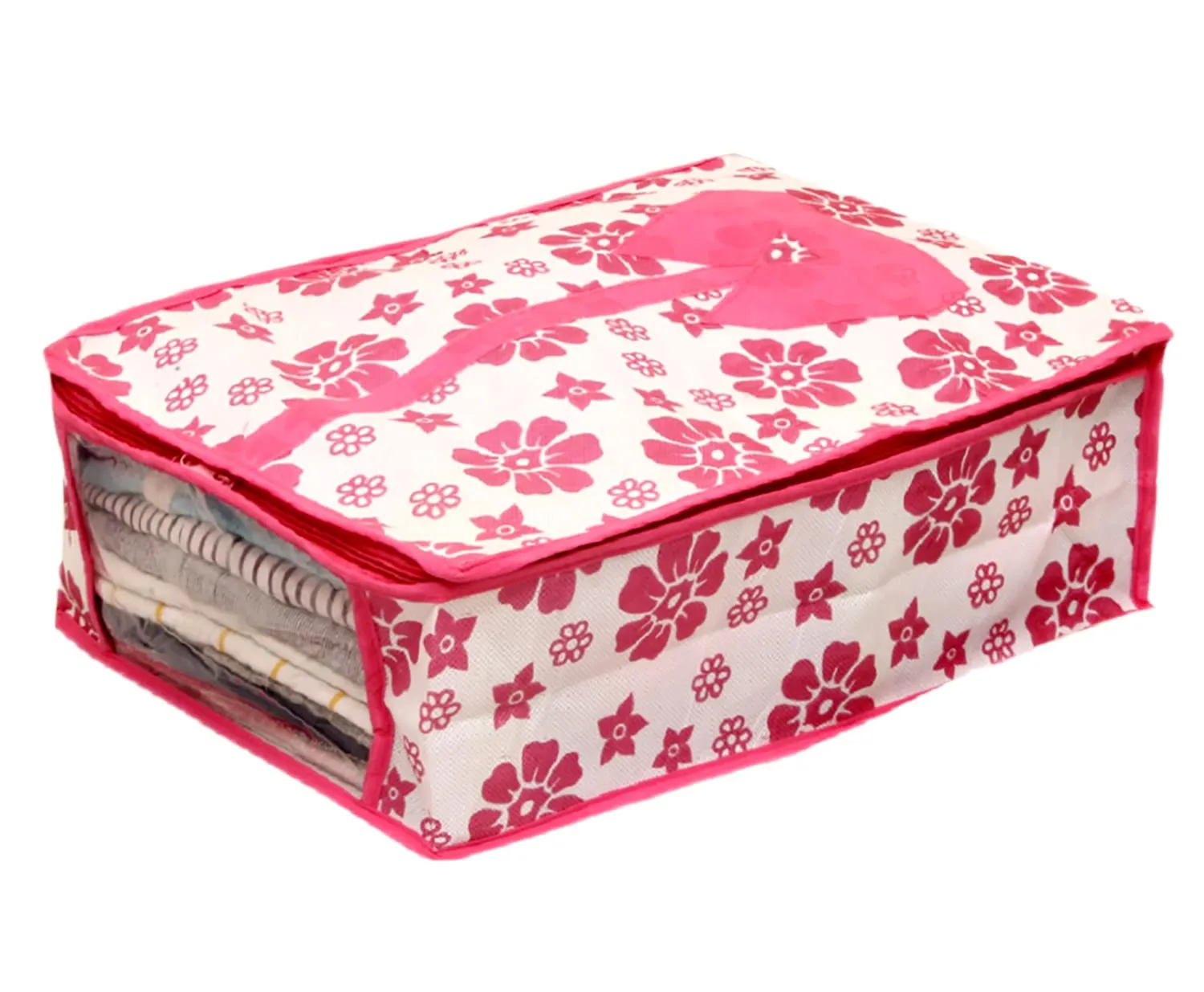 Kuber Industries Flower Printed Shirts & Clothing Organizer With Clear Window (Pink)-HS43KUBMART26185