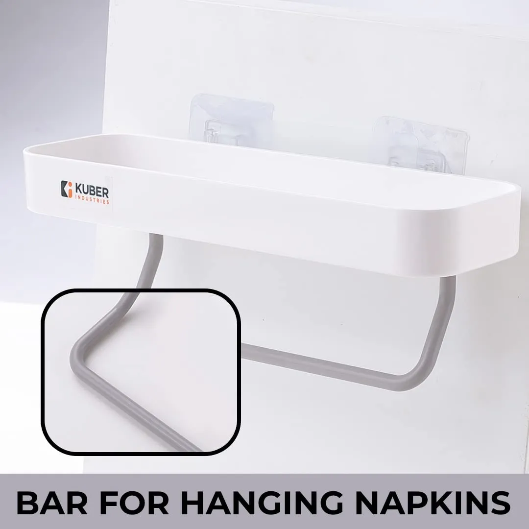 Kuber Industries Kitchen Organizer With Towel Hanger|Self-Adhesive Wall Shelf|Non-Toxic|Easy To Fit Plastic Bathroom Shelf|Multipurpose Wall Mounted Shelf For Bathroom & Kitchen|1323|White (Pack Of 6)