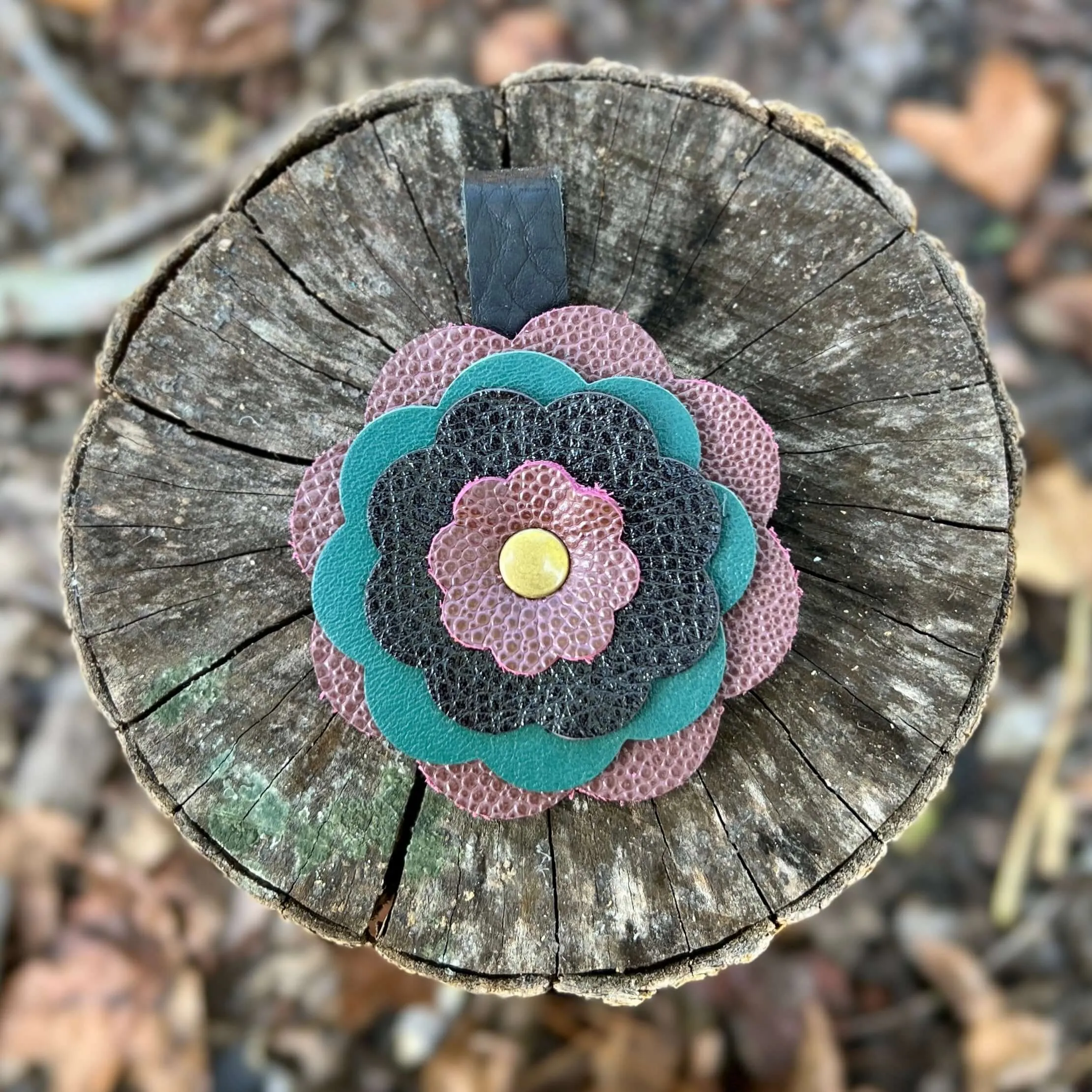 Leather Flower Bag Charm - Plum Wine, Jade and Black