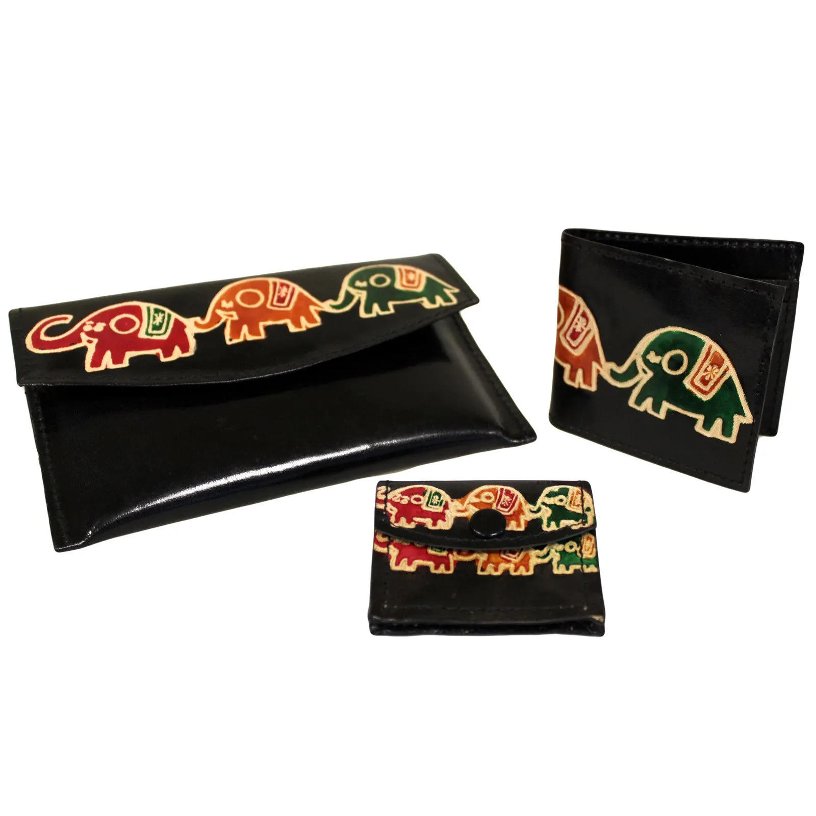 Leather Purse Set - Elephants - Black