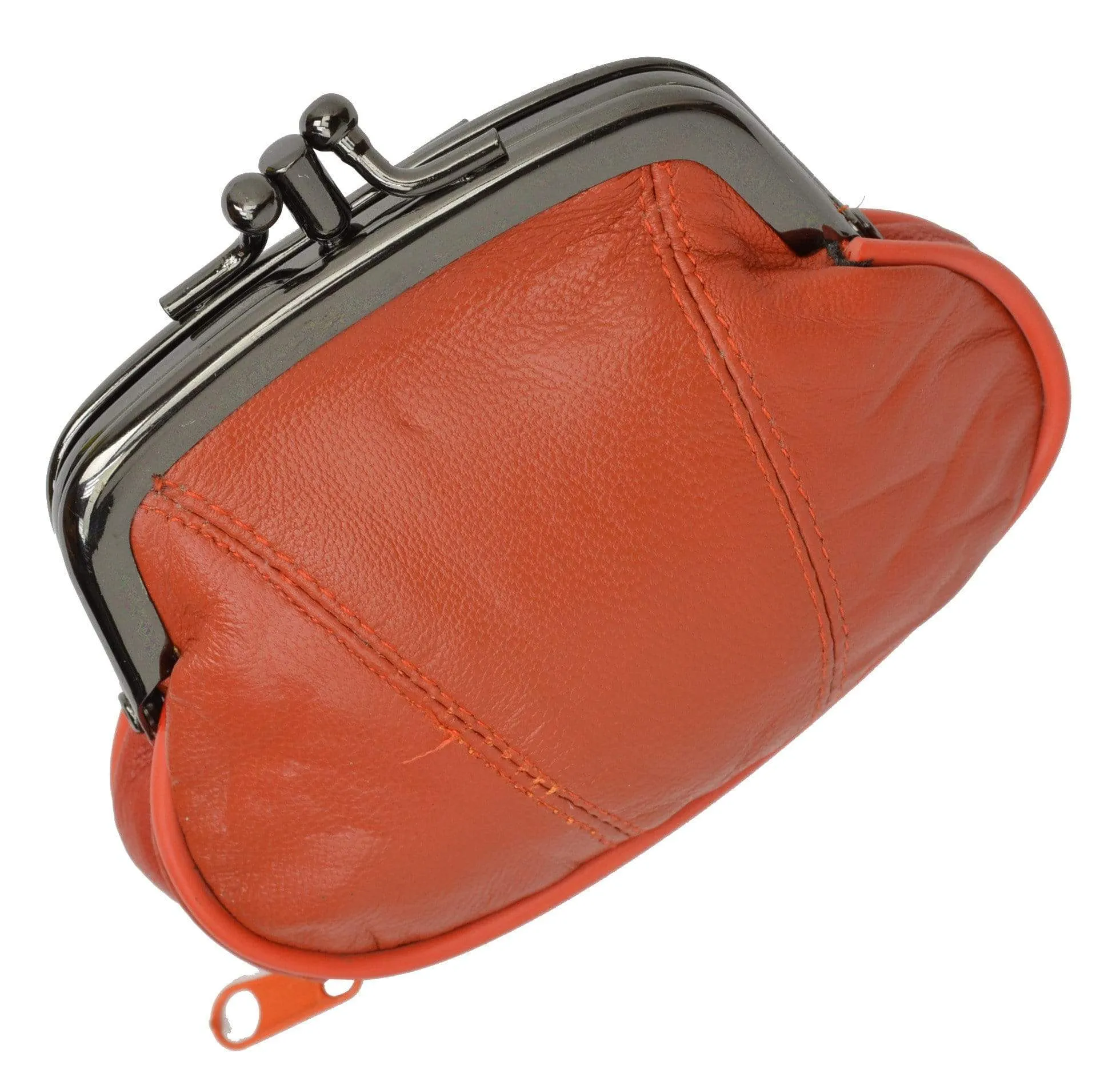 Leather Small Change Purse Double Frame with Zipper Pocket Y022