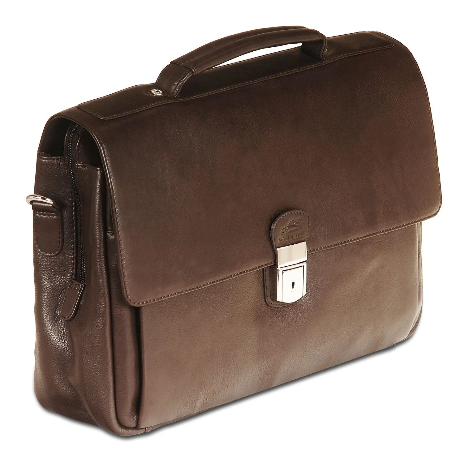 Mancini Leather Triple Compartment Flap Briefcase for 15" Laptop / Tablet, 15" x 4.25" x 10.25", Brown