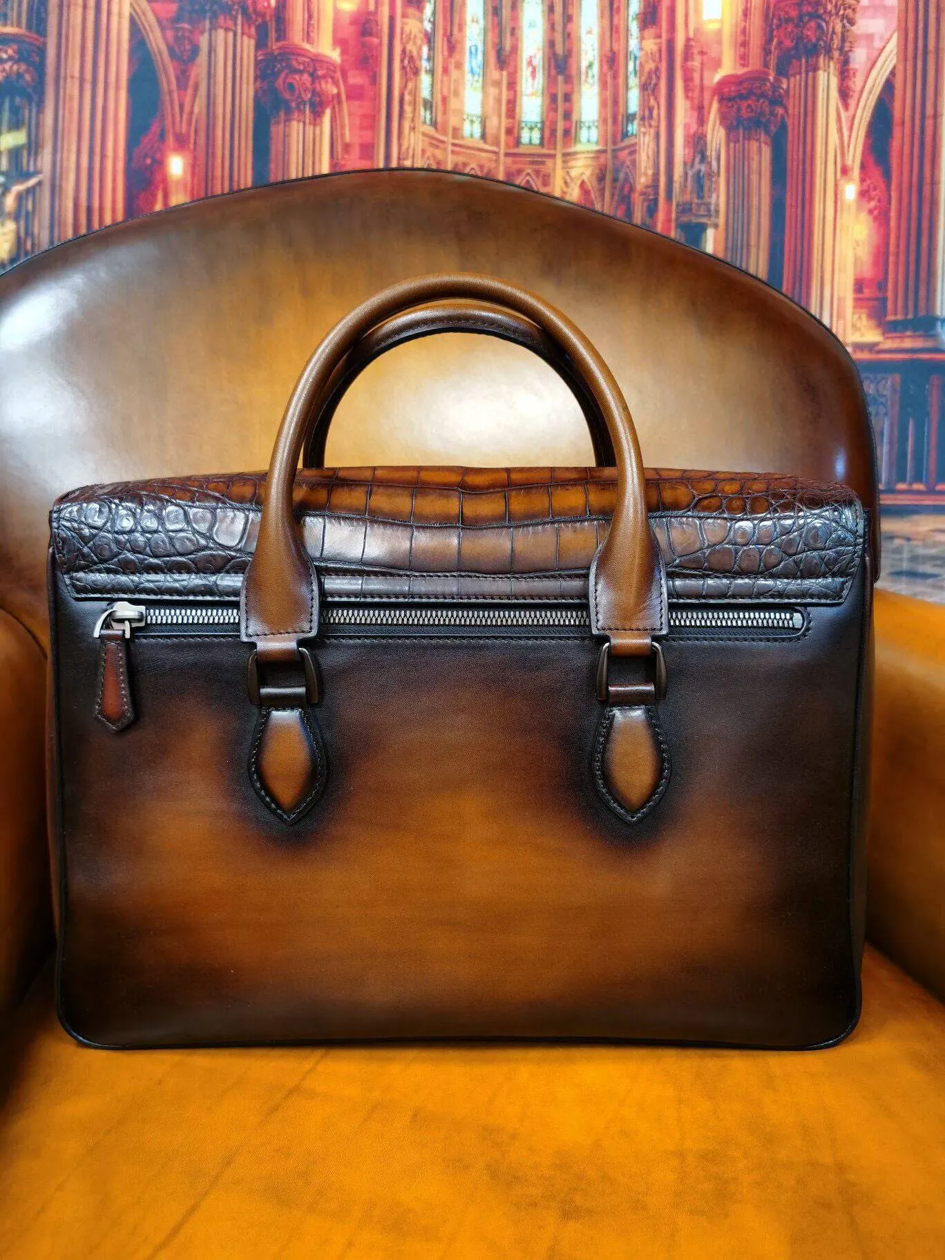 Men's Vintage Leather Briefcase Matched With Crocodile Skin Leather Flap