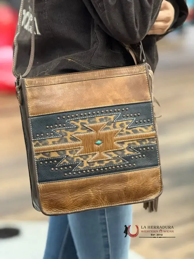 NOCONA BELT CO. LEATHER BROWN TURQUOISE DIAMOND COWHIDE CROSS BODY BAG