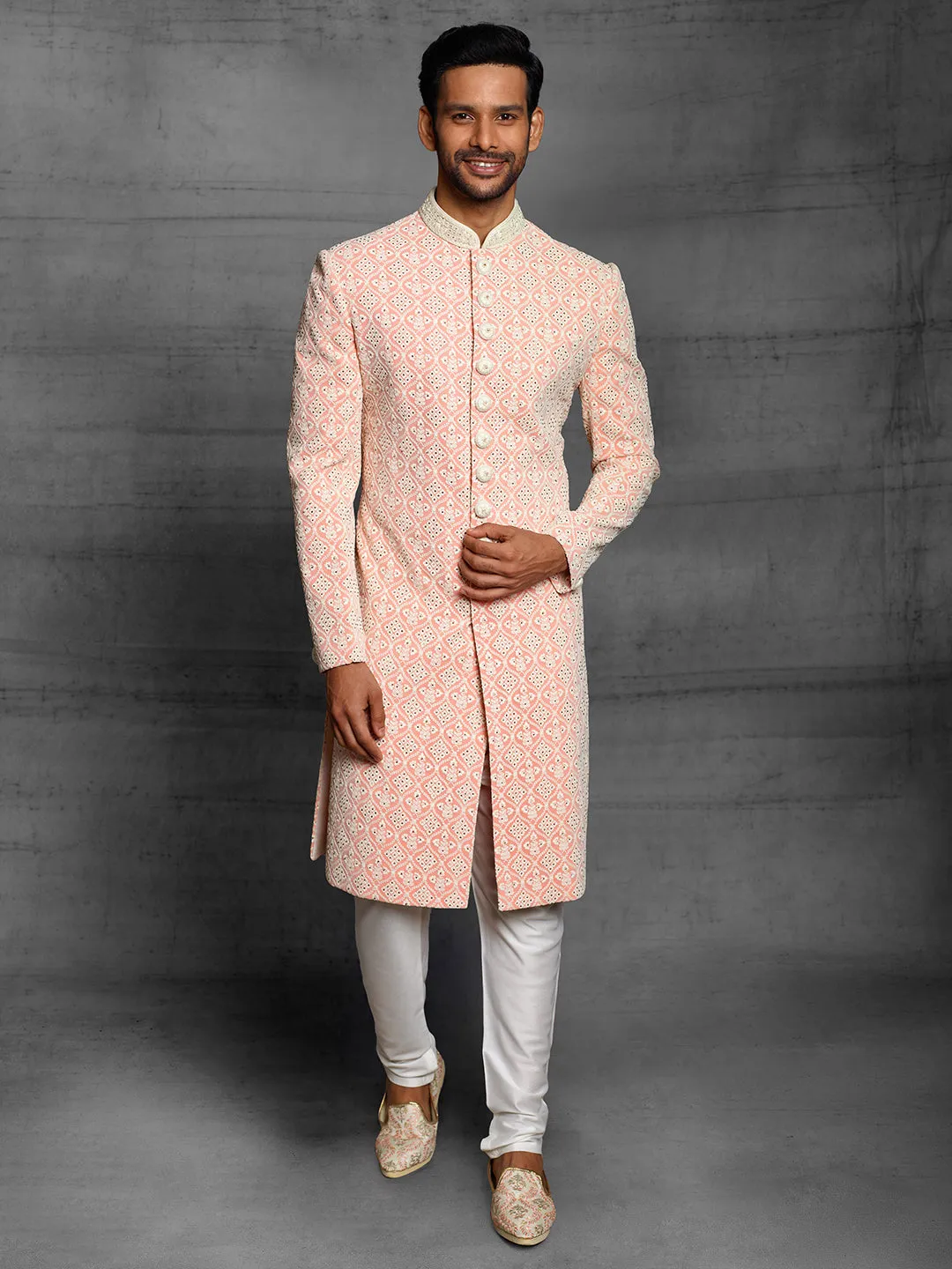 Pastel Peach Sherwani With Exquisite Threadwork