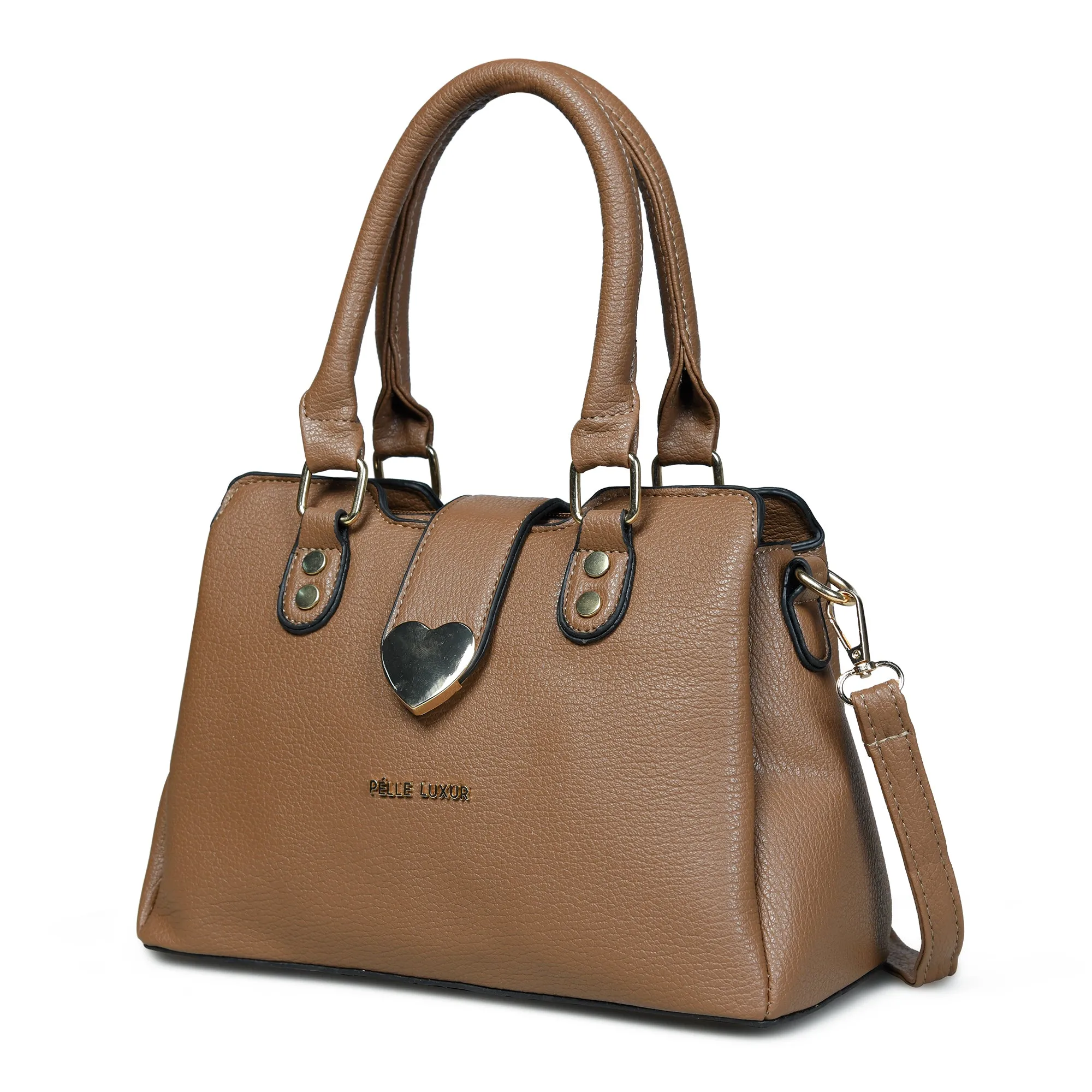 Pelle Luxure Women's Small PU Satchel – Tan and Brown Elegance