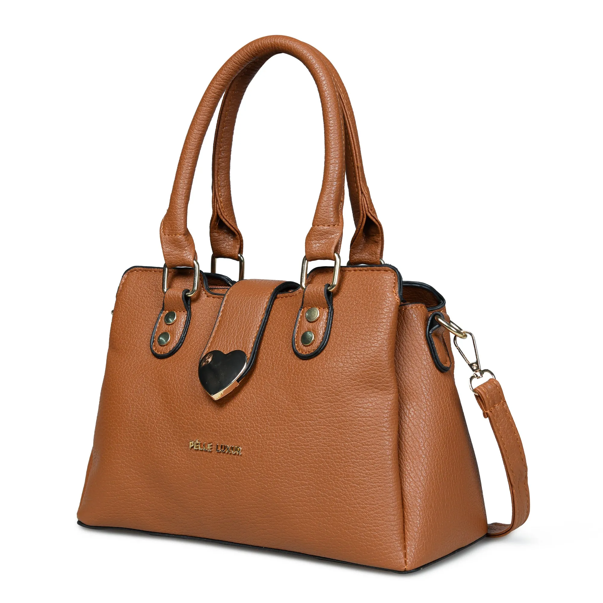 Pelle Luxure Women's Small PU Satchel – Tan and Brown Elegance