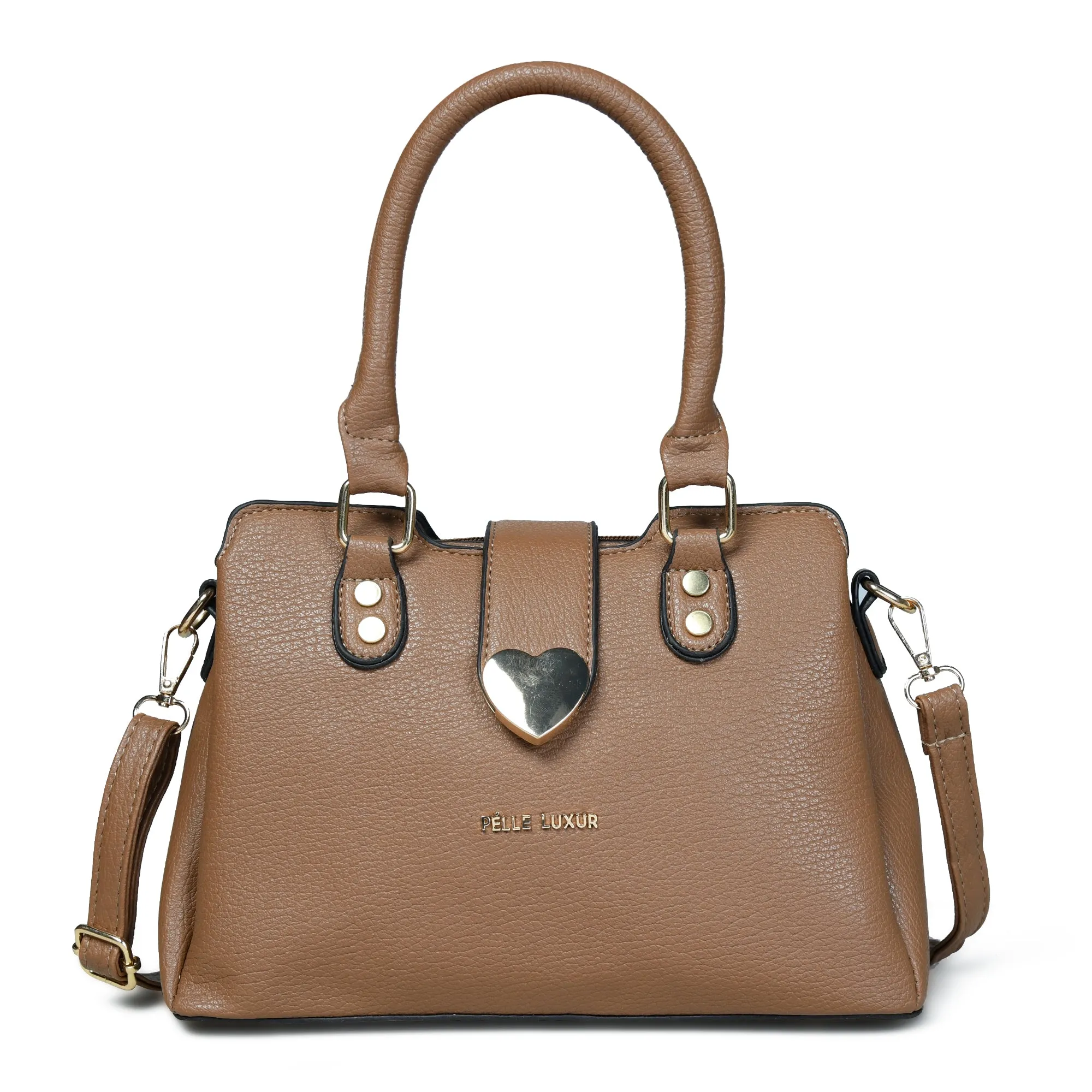 Pelle Luxure Women's Small PU Satchel – Tan and Brown Elegance