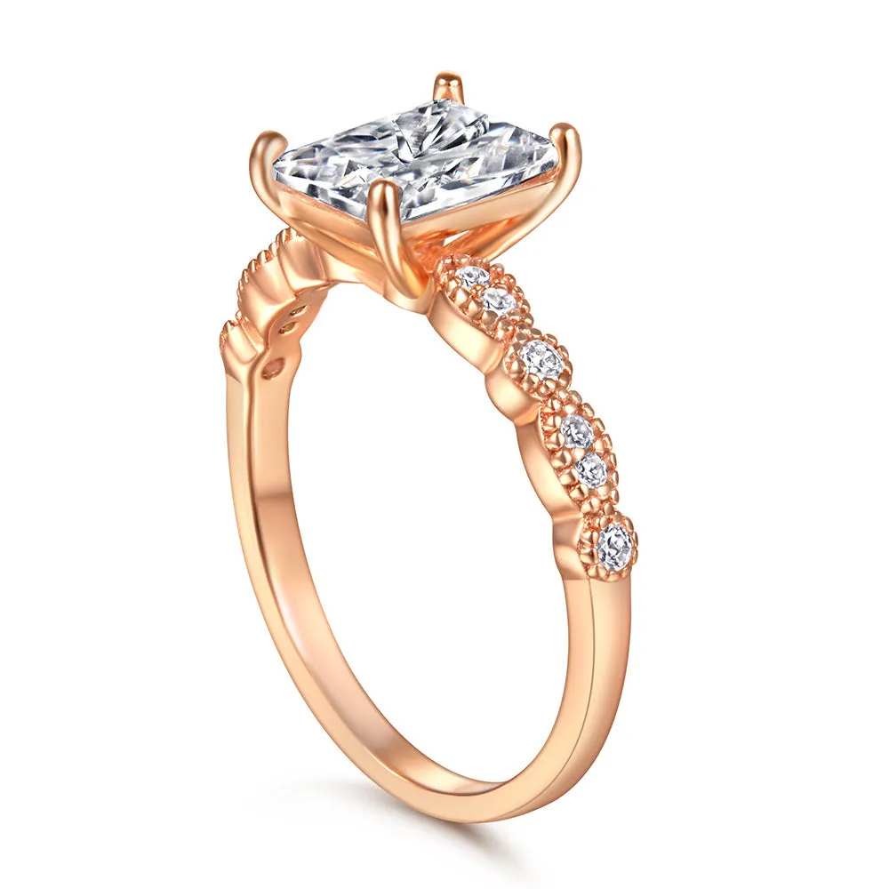 Radiant Cut Zircon Four Prongs Cathedral Silver Ring