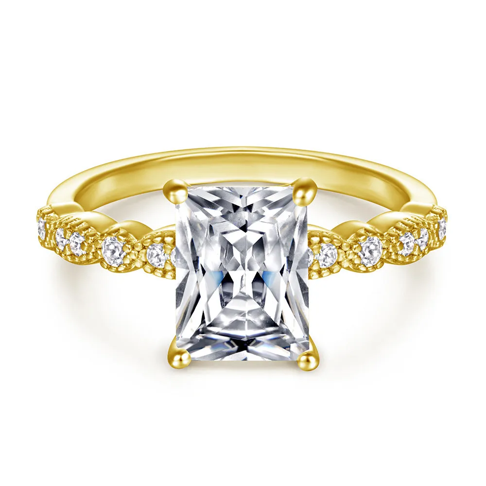 Radiant Cut Zircon Four Prongs Cathedral Silver Ring