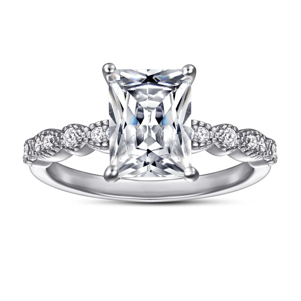 Radiant Cut Zircon Four Prongs Cathedral Silver Ring